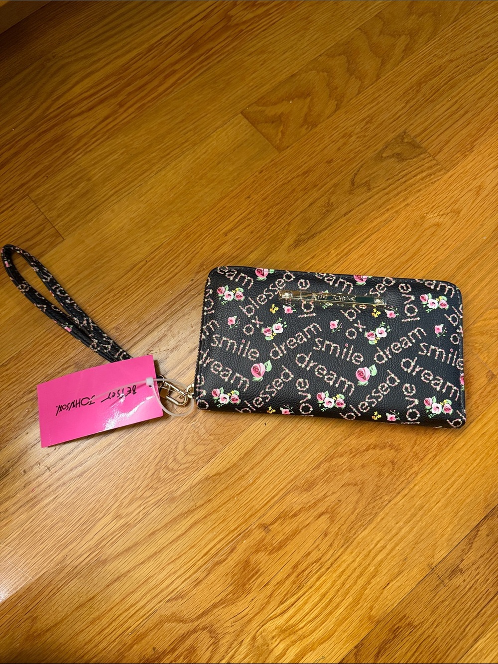 Betsey Johnson Black Floral Script Wristlet Wallet